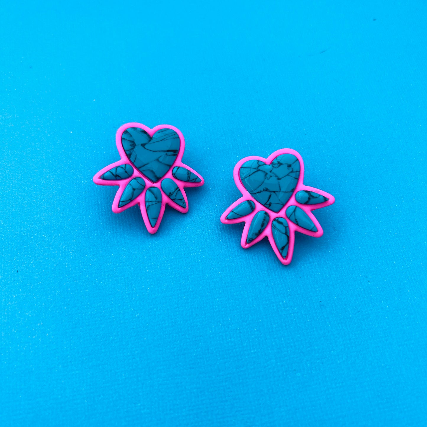 Neon/Turquoise - Spiky Heart Statement Studs