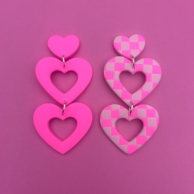 Double Heart Dangles - Neon Pink Checkered