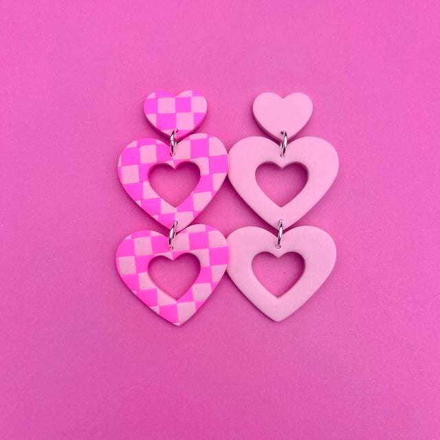 Double Heart Dangles - Baby Pink Checkered