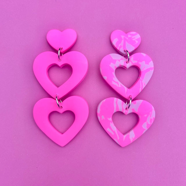 Double Heart Dangles - Neon/Pink Swirl