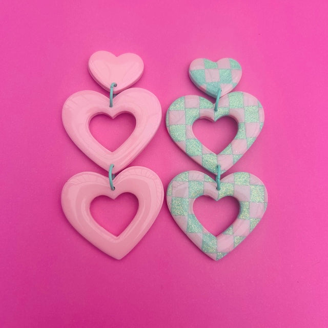 Double Heart Dangles - Pink/Glitter Aqua Checkered