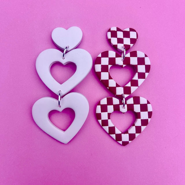 Double Heart Dangles - Light Pink / Checkered