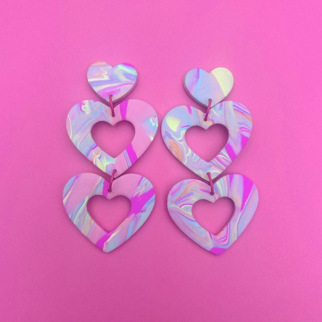 Double Heart Dangles - Pastel Multi Colored