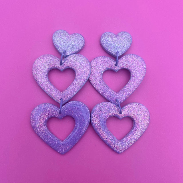 Double Heart Dangles - Purple Glitter