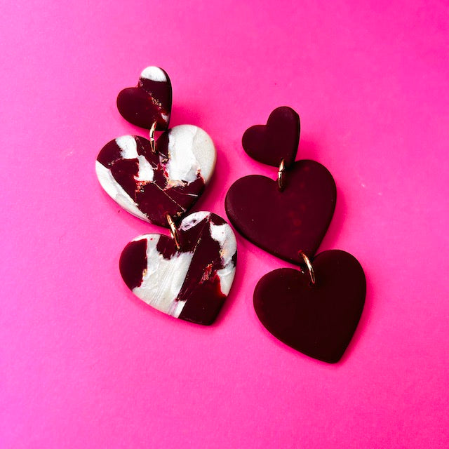 Double Heart Dangles - Marble/Wine Red