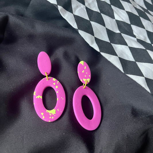 Oval Dangles - Bright Pink / Neon Yellow Splatter